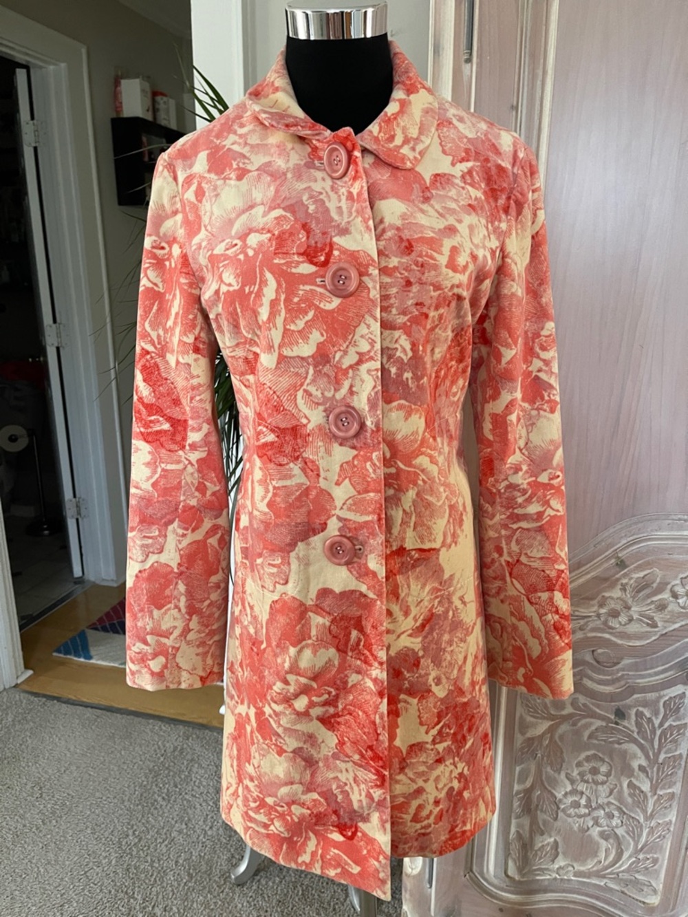 Retro Anthropologie Elevenses Pink & Cream Floral Tapestry Coat
